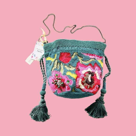 Handbags - TikTok Viral India Beaded Bucket Bag Floral Embroidered Tassels Teal Crossbody‎